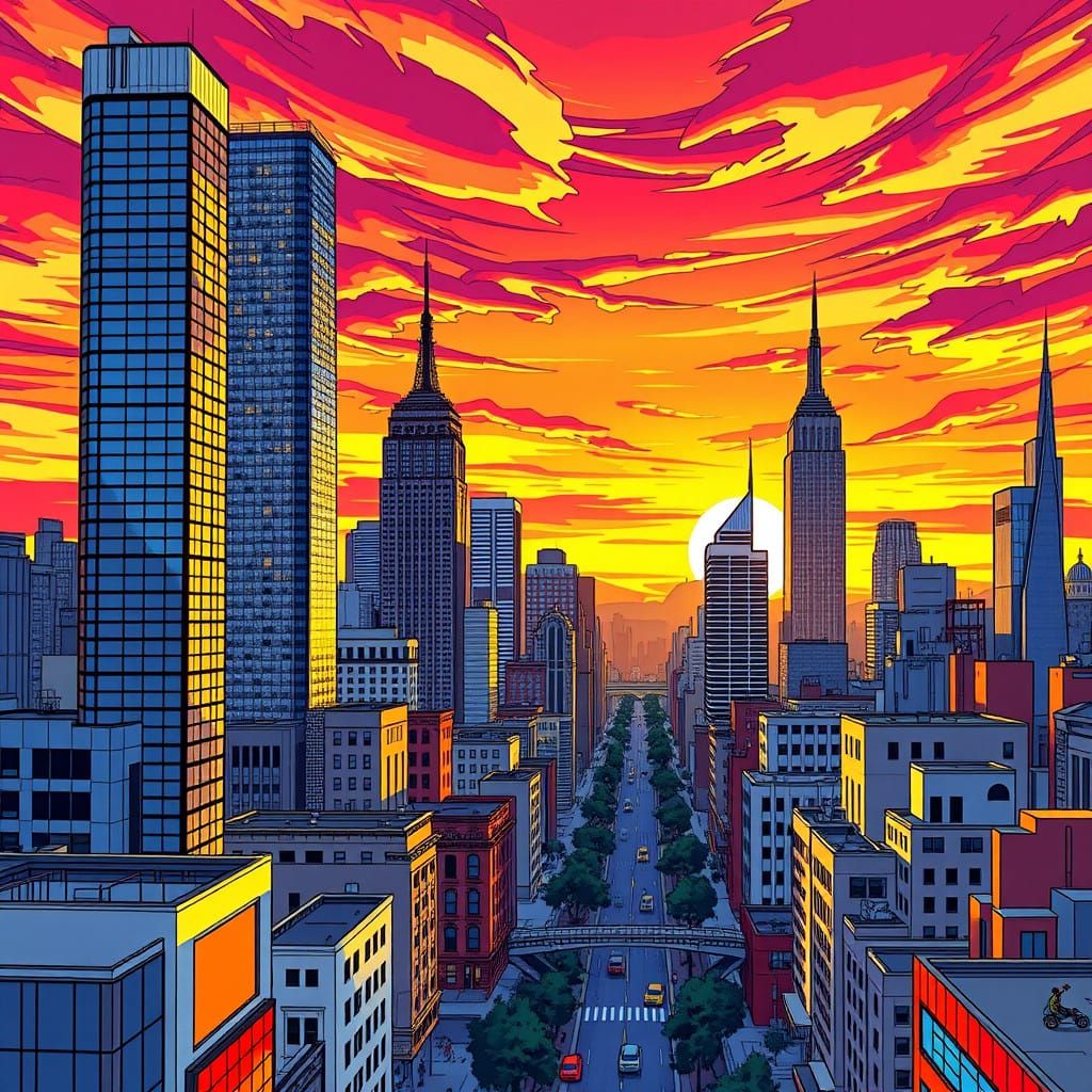 Vibrant Cityscape at Sunset in Dynamic Comic Book Style