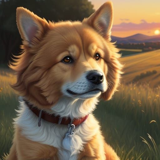Cartoon Dog Portrait in Golden Sunset Light