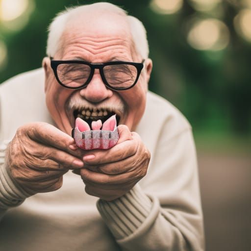 Grandpa gives his false teeth to the bulldog
