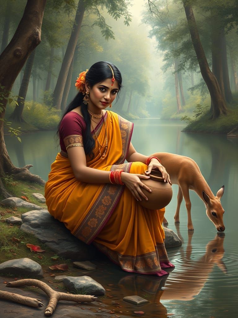 Indian Woman by Pond in Raja Ravi Varma Style
