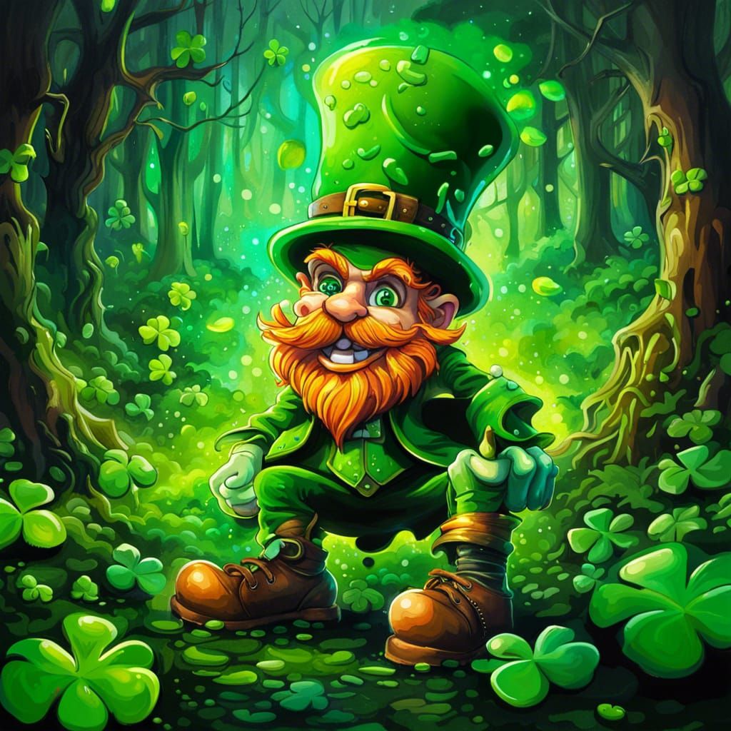 Enchanted Shamrock Forest with Leprechaun in Graffiti Art