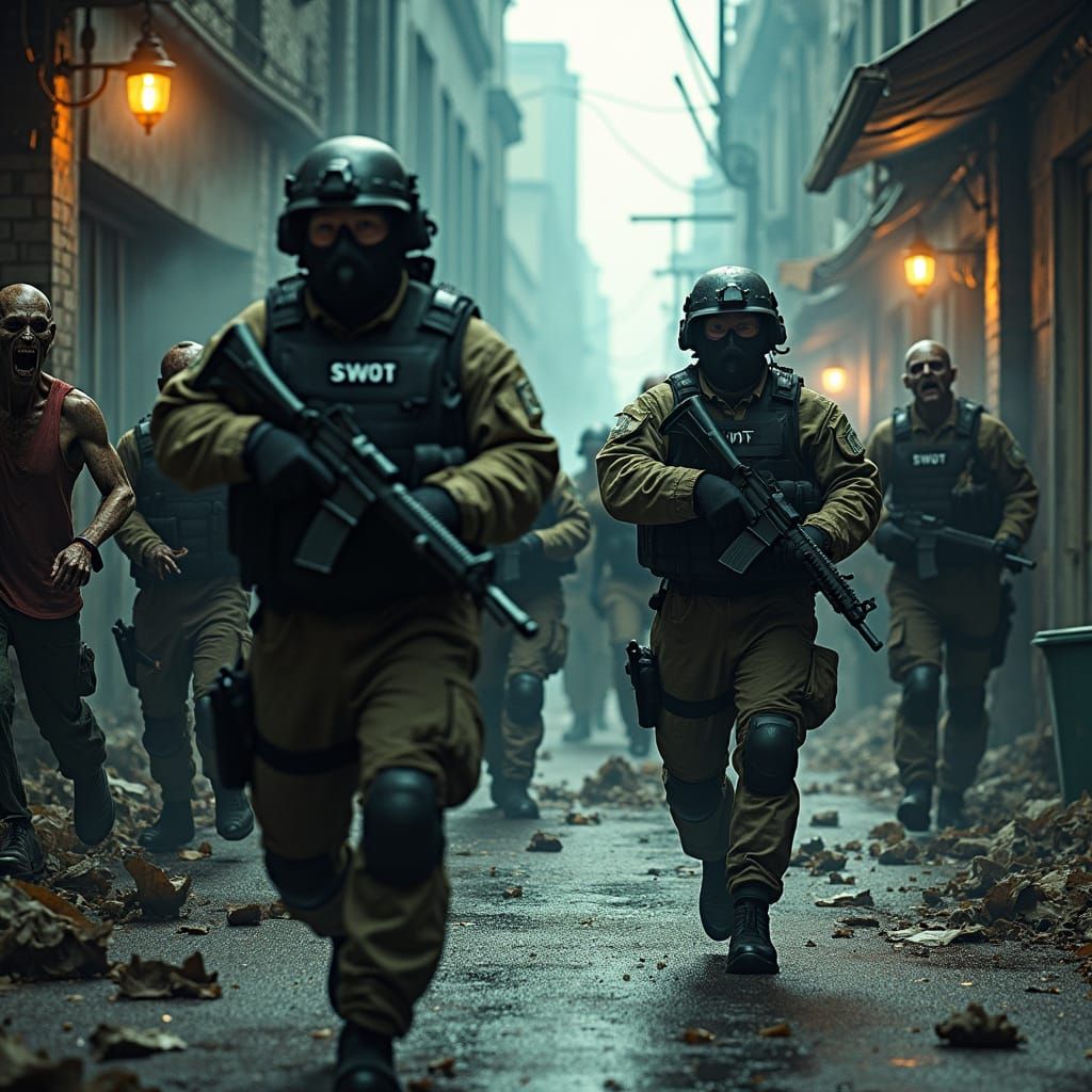 SWAT Team Faces Zombie Horde in Dark Alley