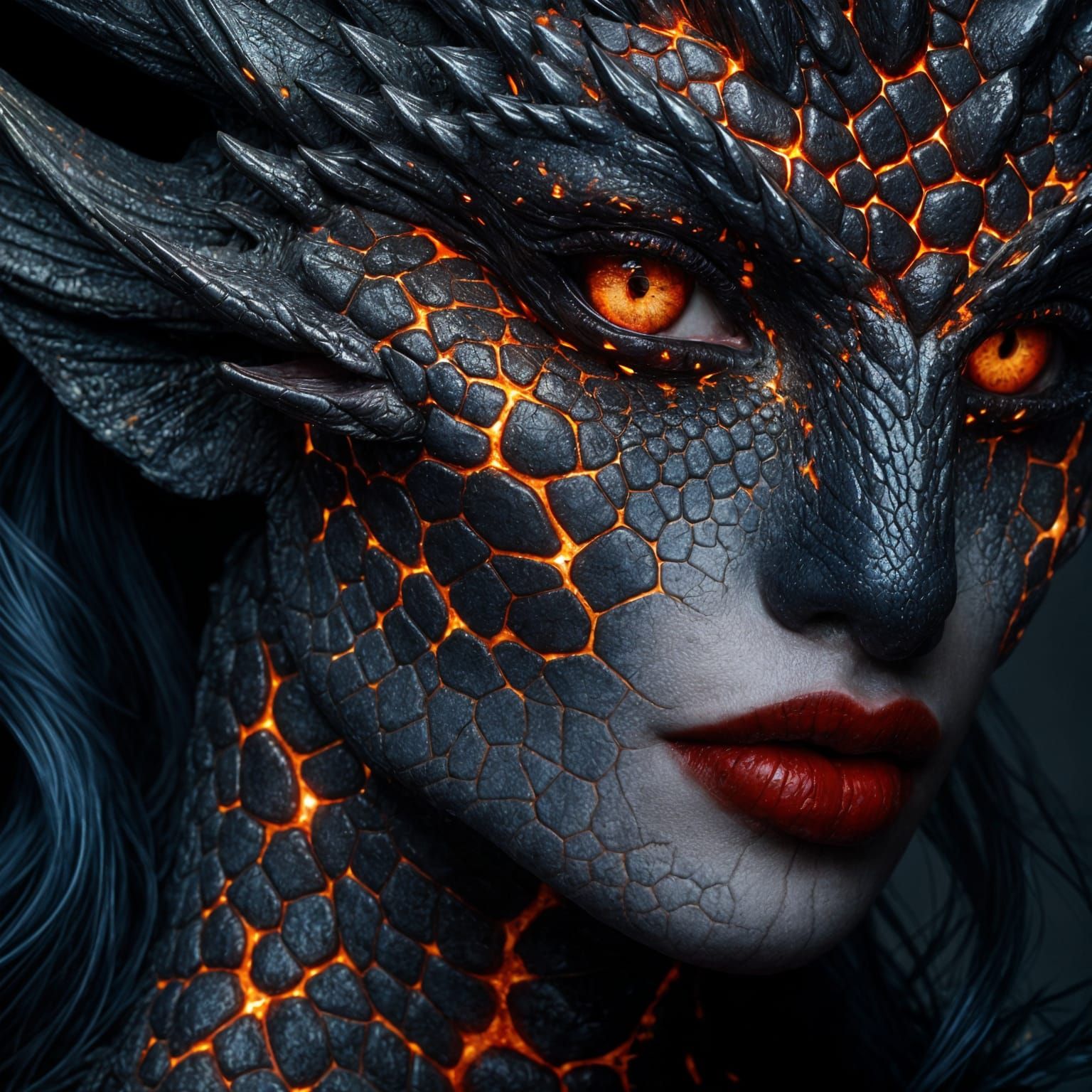 Fiery Dragon Lady Portrait in Dark Fantasy Style