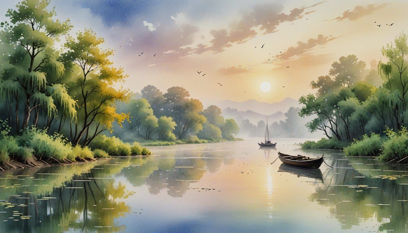 Surrealistic Watercolors of Saint Laurent River in Serene Ab...