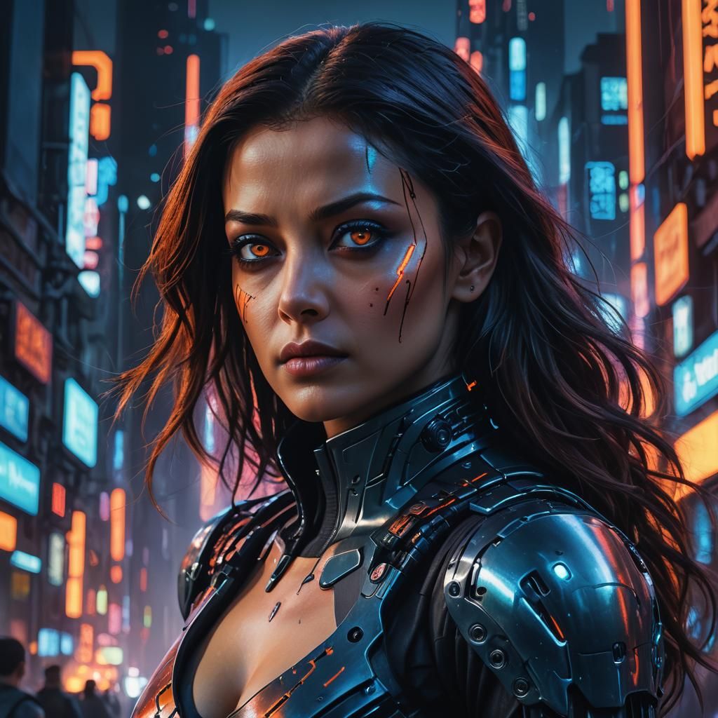 Aishwarya Rai as Terminator in Cyberpunk Cityscape