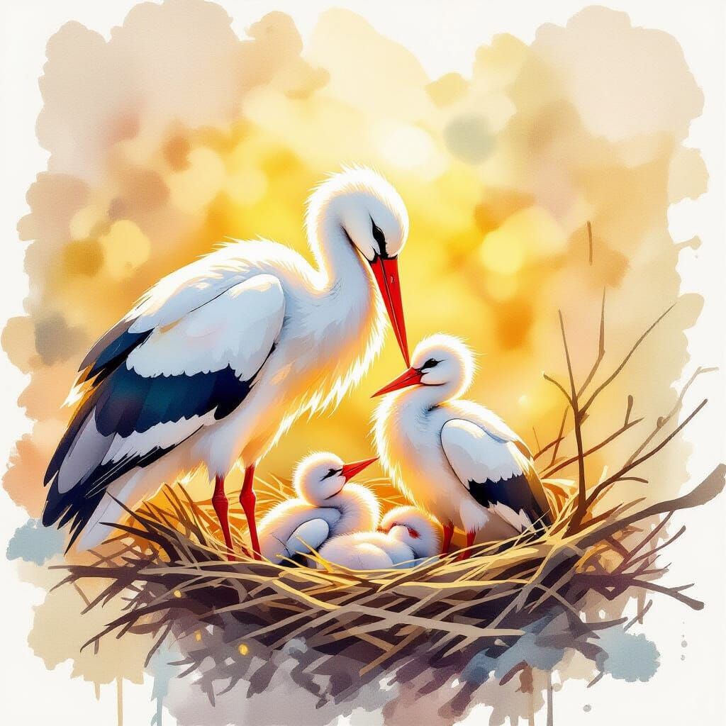 Father Stork Feeding Babies: Watercolor Illustration