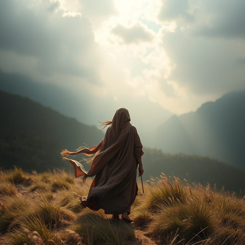 Mysterious Vagabond in Ethereal Landscape