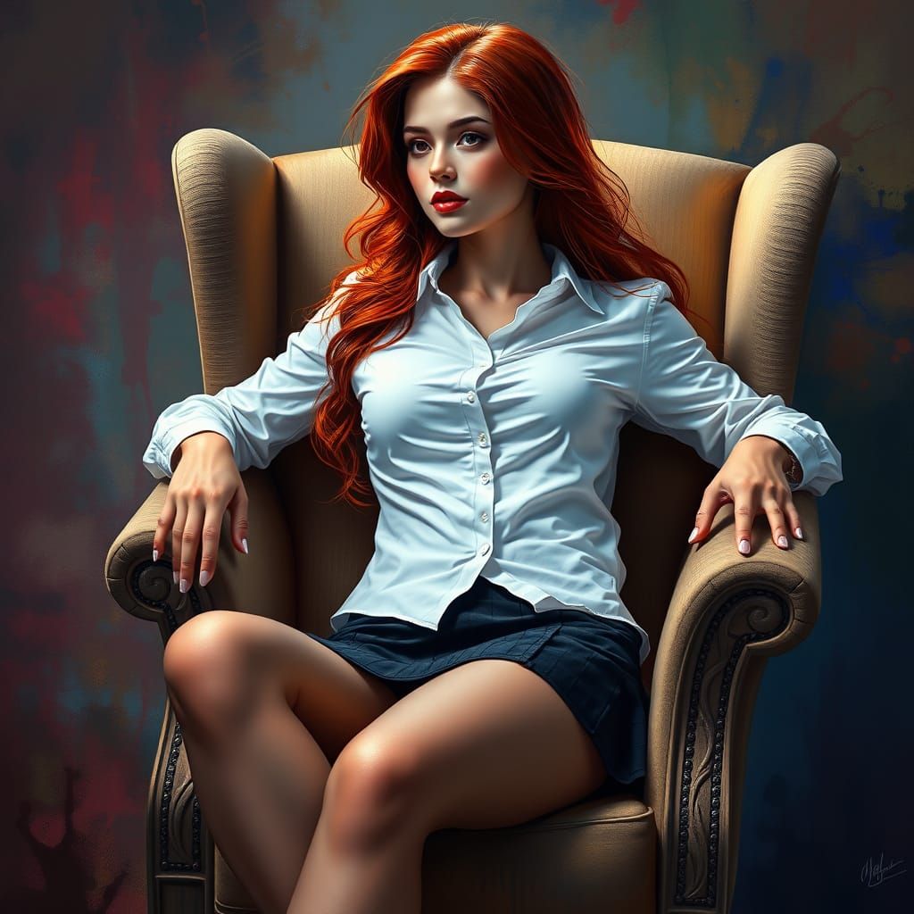 Beautiful Redhead in Armchair: Hyperrealistic Splash Art