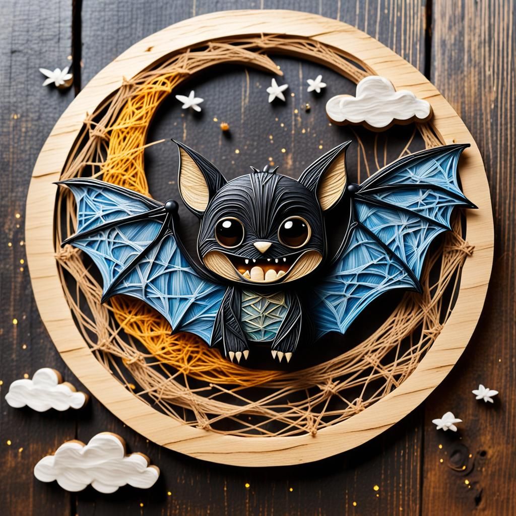 Chibi Bat String Art with Full Moon