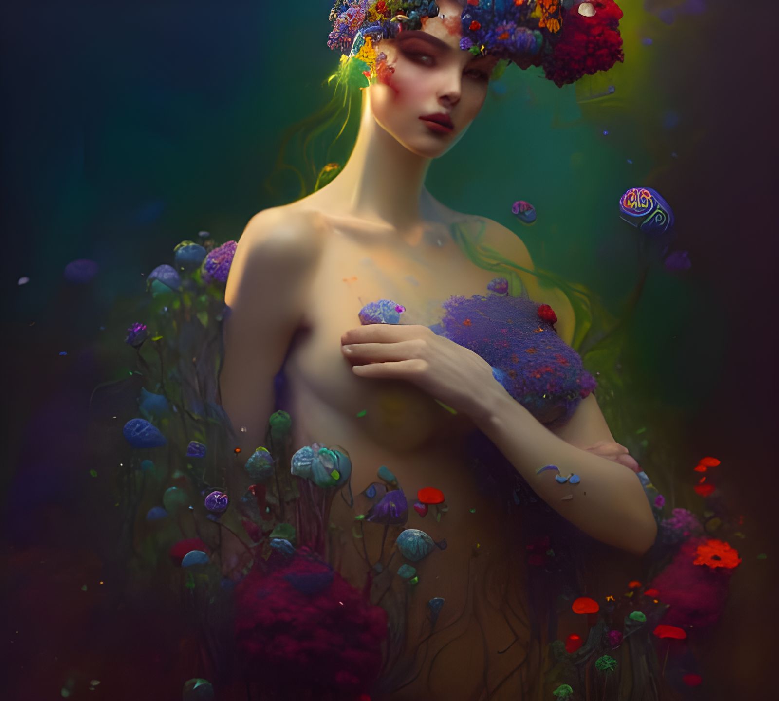 Happy Human with Flowers in Abstract Impressionism Style