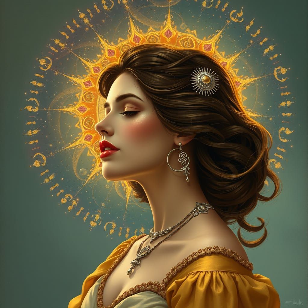 Celestial Halo Woman: An Art Nouveau Digital Portrait