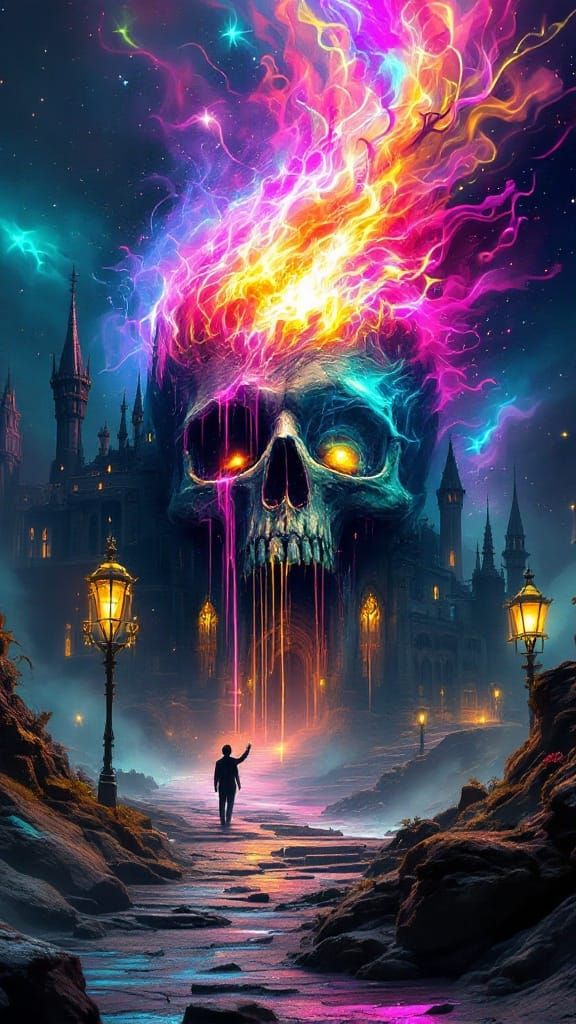 Surreal Gothic Fantasy Scene with Neon Skull