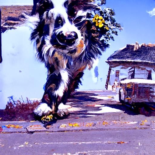 Australian Shepherd in Sunny Town, Oil Painting