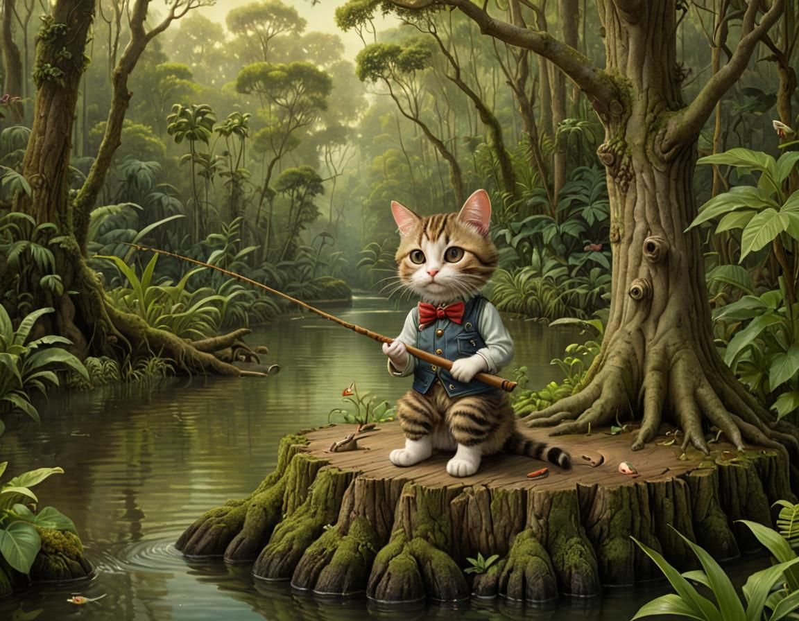 Cat-Fisherman Caricature in Lush Jungle River