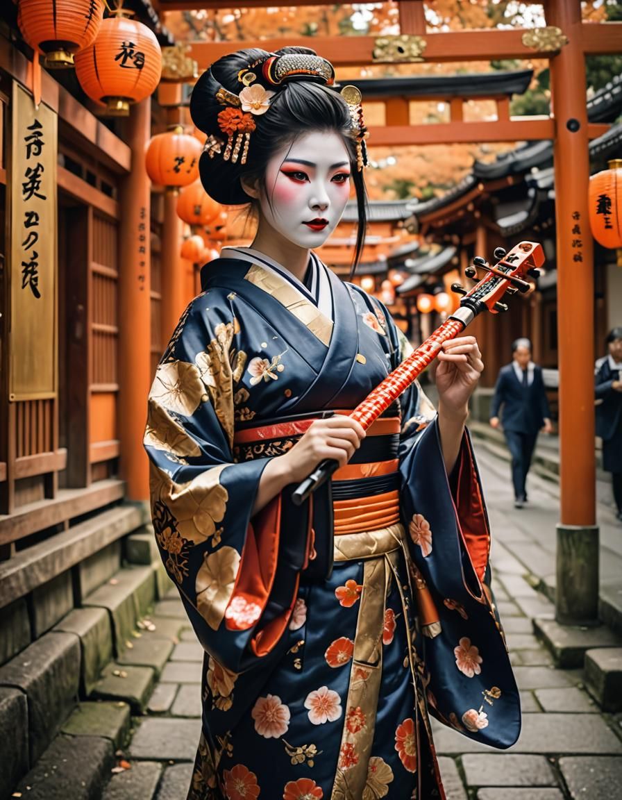 Geisha Plays Shamisen at Fushimi Inari-taisha