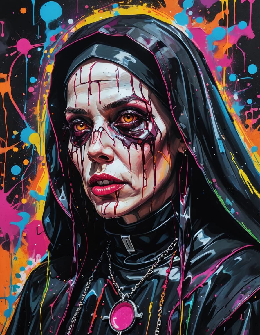 Gothic Nun Portrait in Graffiti Art Style