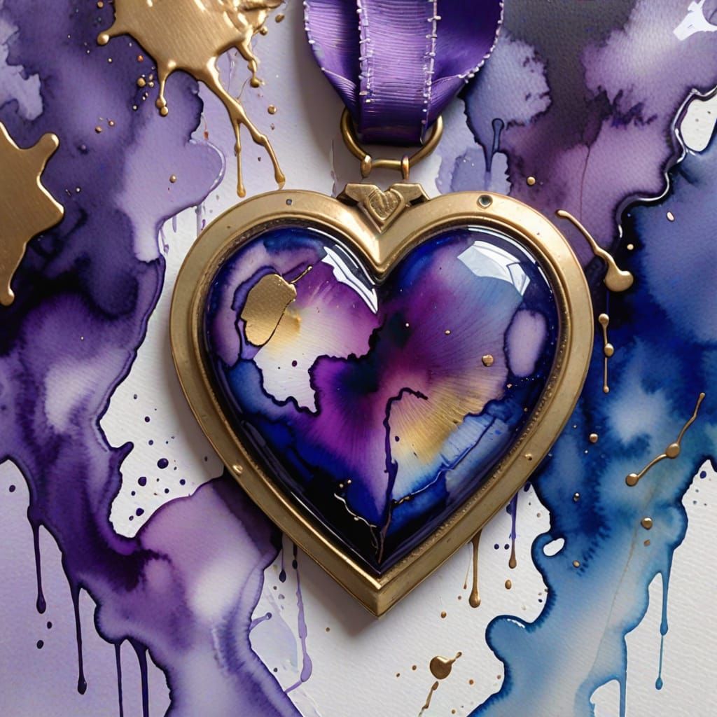 Purple Heart Medal in Watercolor with Ink Wash