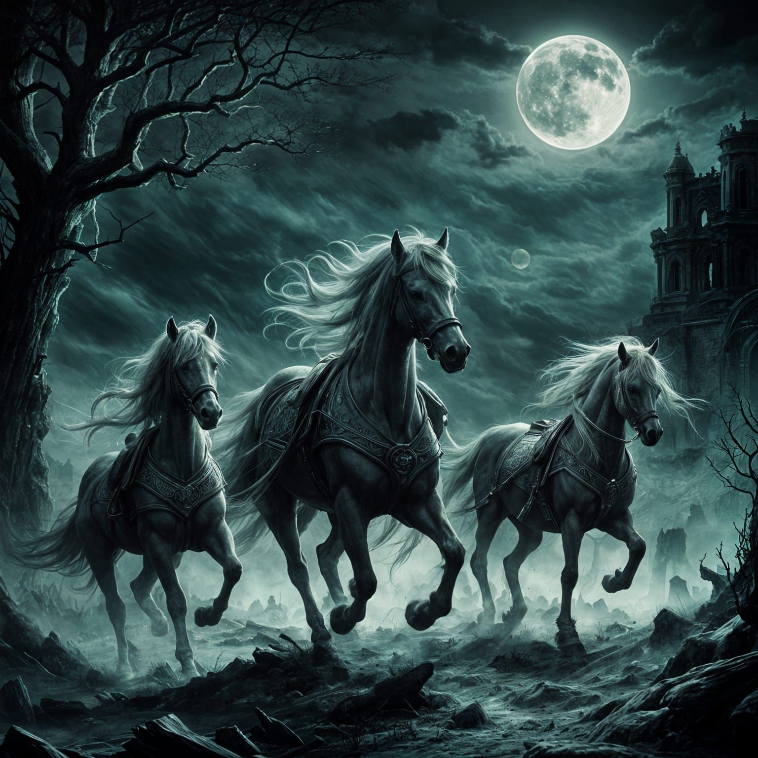 Spectral Riders Gallop Through Foggy Moonlight in Dark Fanta...