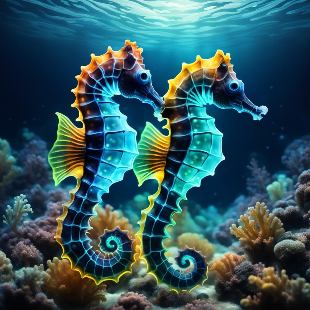 Glowing Seahorses in the Dark Ocean