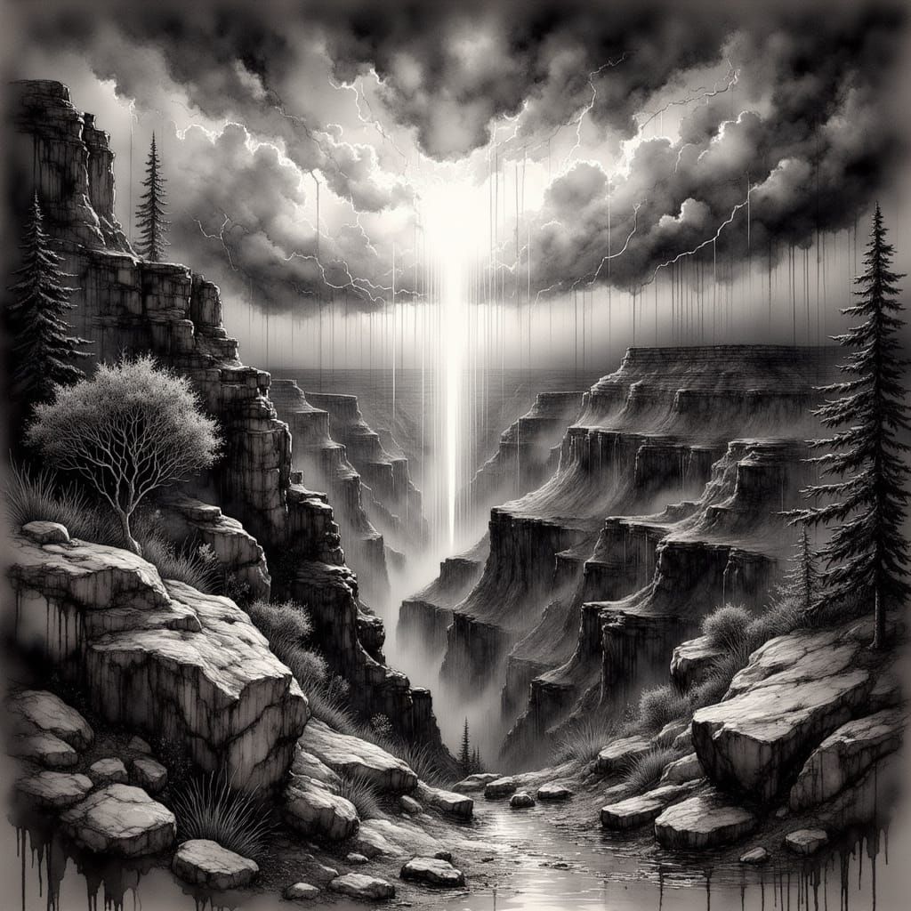 Grand Canyon Storm in Charcoal and Ink