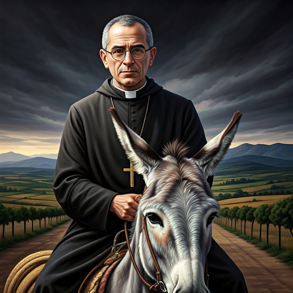 Serene Hispanic Priest Rides Donkey in Rural Landscape