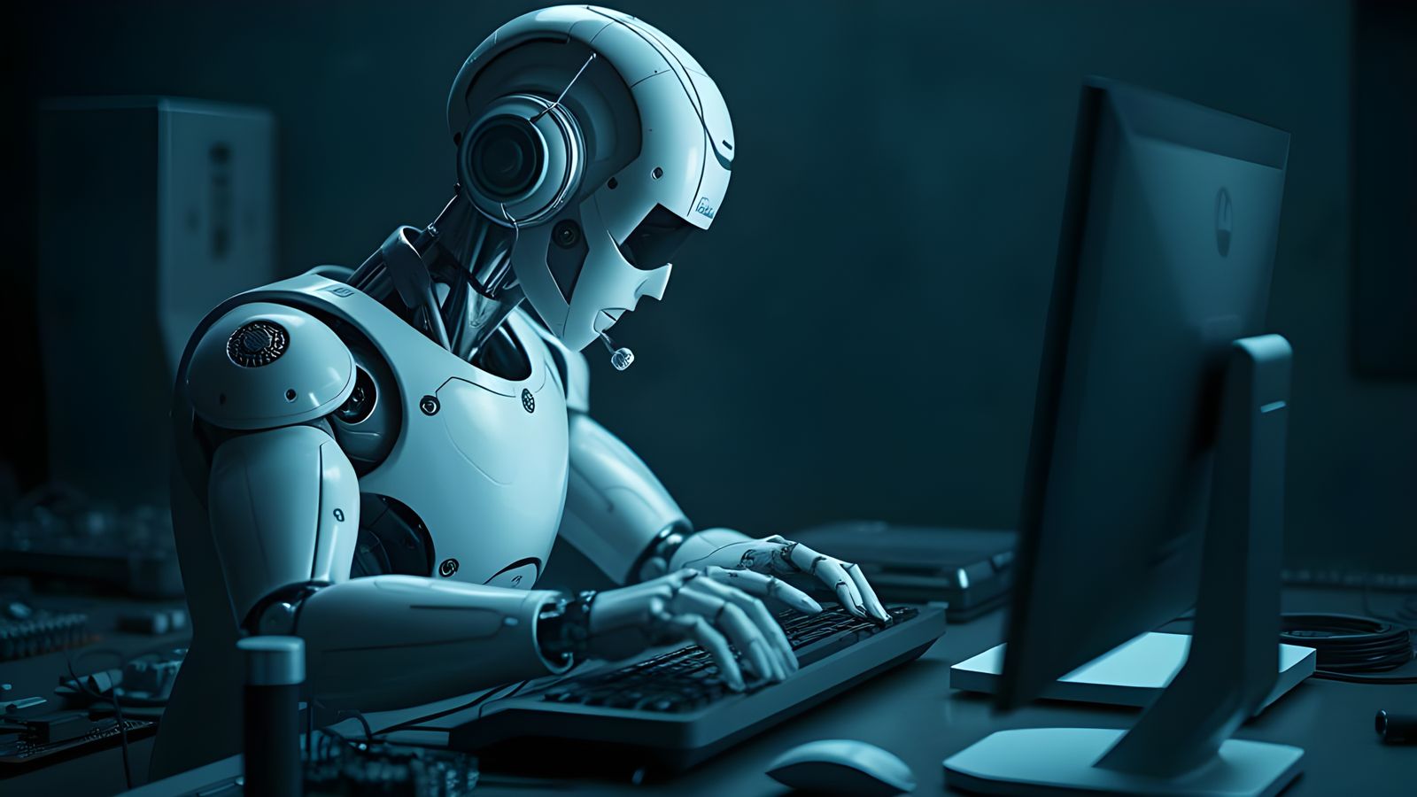 Cybernetic Robot Typing in Futuristic Room