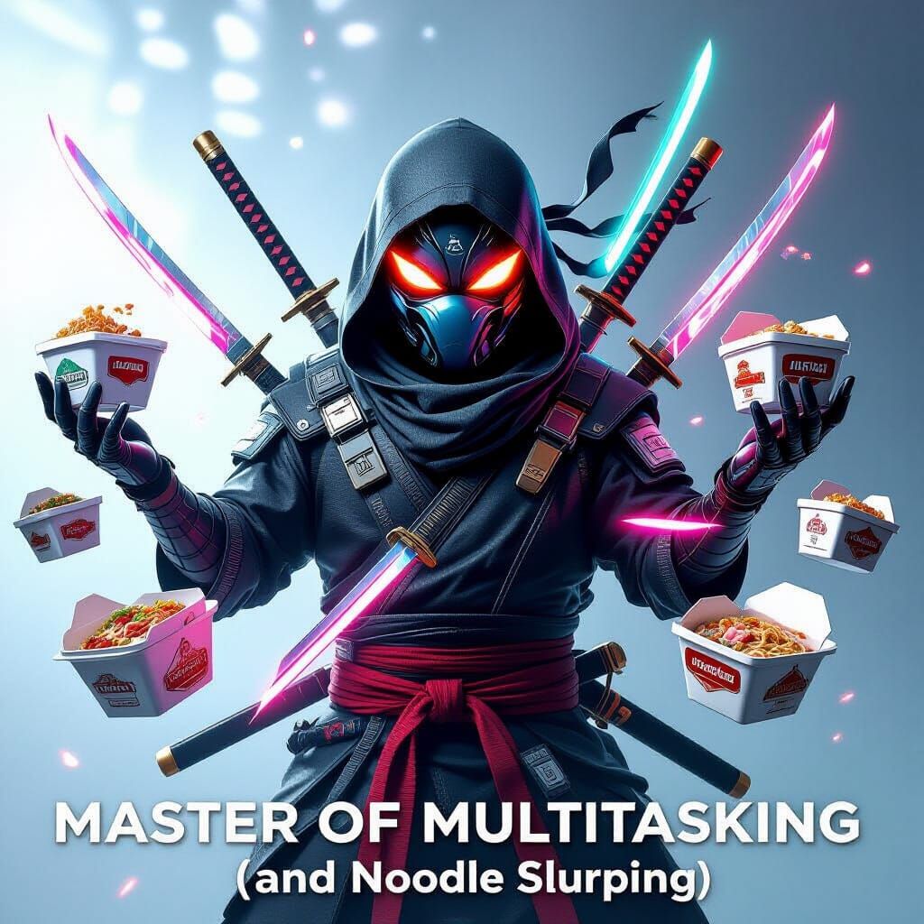 Futuristic Ninja-Octopus Juggling Food in Neon Light