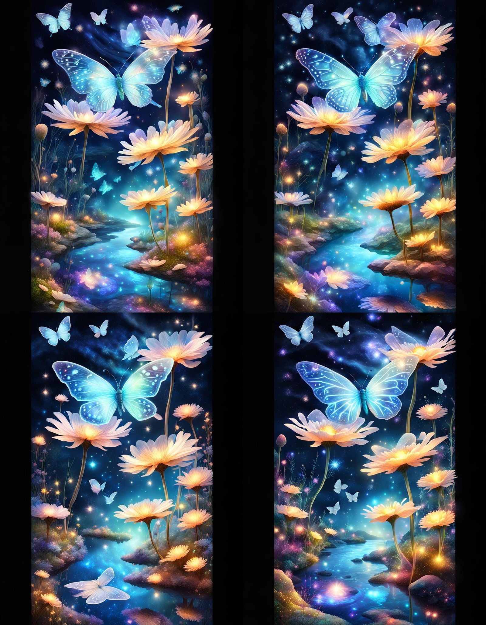 Bioluminescent Meadow with Holographic Butterflies