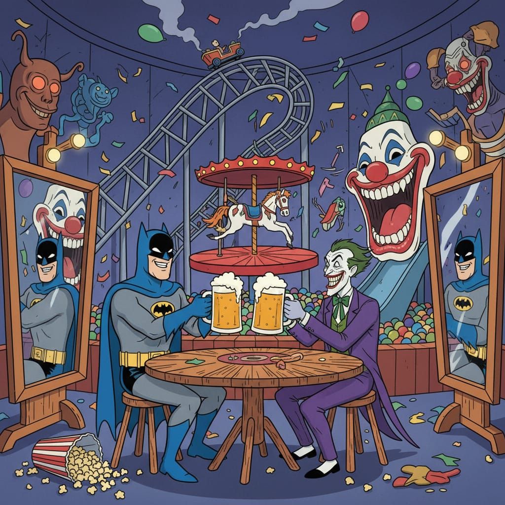 Batman & Joker Share Beers in a Funhouse, 1980s Filmation St...