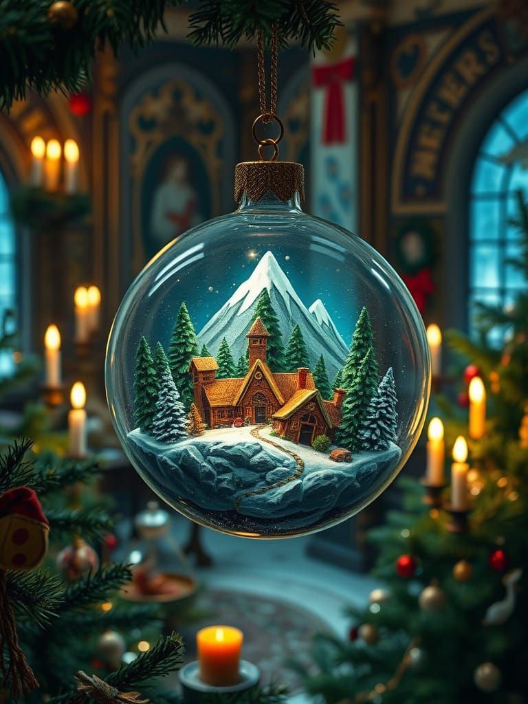 Miniature Santa's Village Ornament, Art Nouveau Style