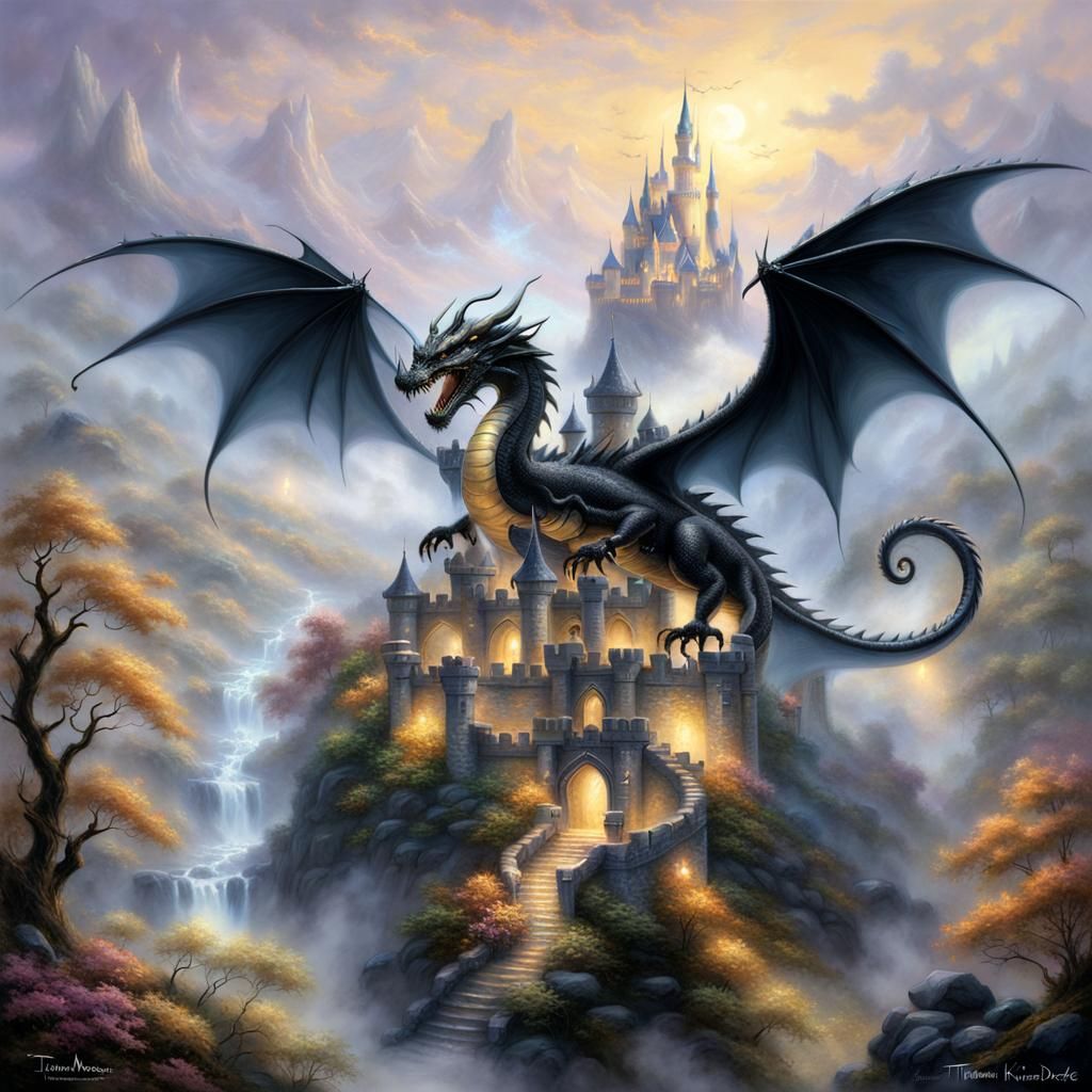 Baby Black Dragon and Golden Castle Fantasy