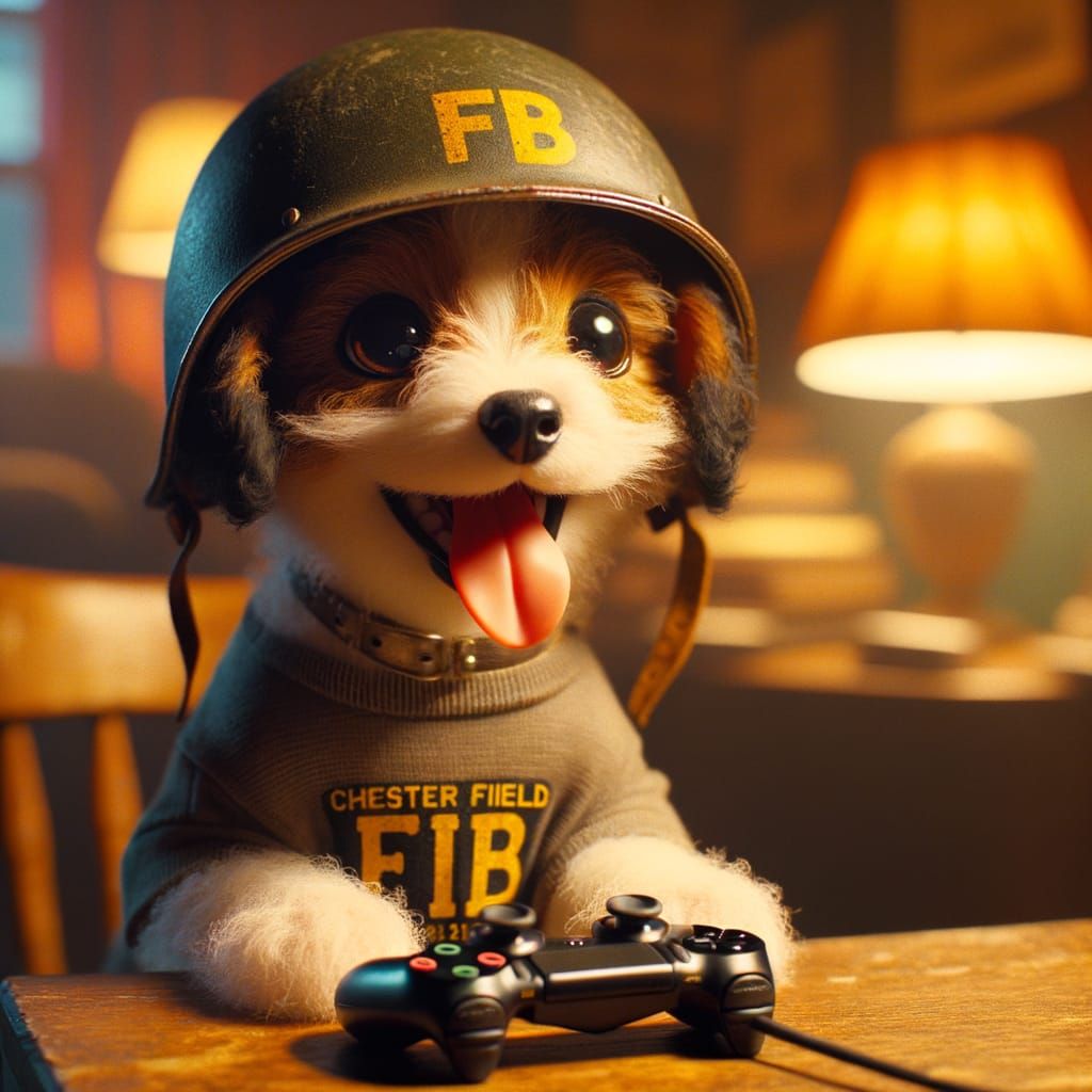 Playful Puppy in Cozy Room, Cinematic Film Still