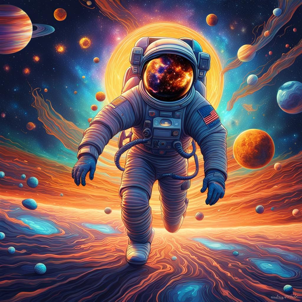 Astronaut Runs on Sun in Cosmic Illustration