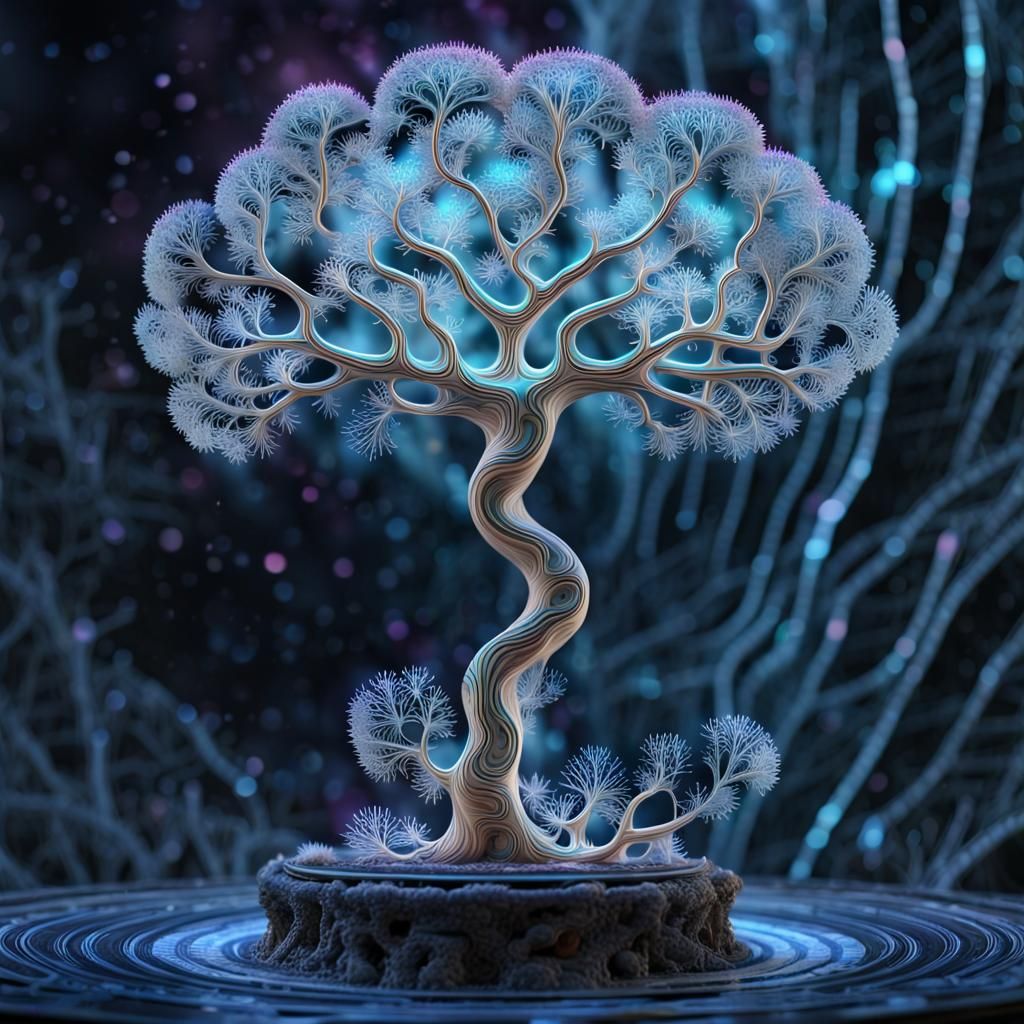 Bioluminescent Fibonacci Tree with Crystal Fungi in 3D