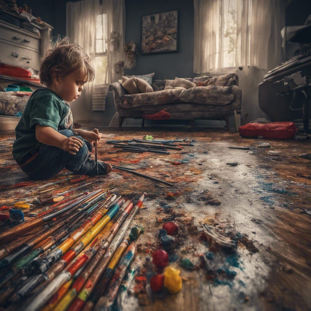 Hyperrealistic Artist's Studio Floor with Paint and Toys