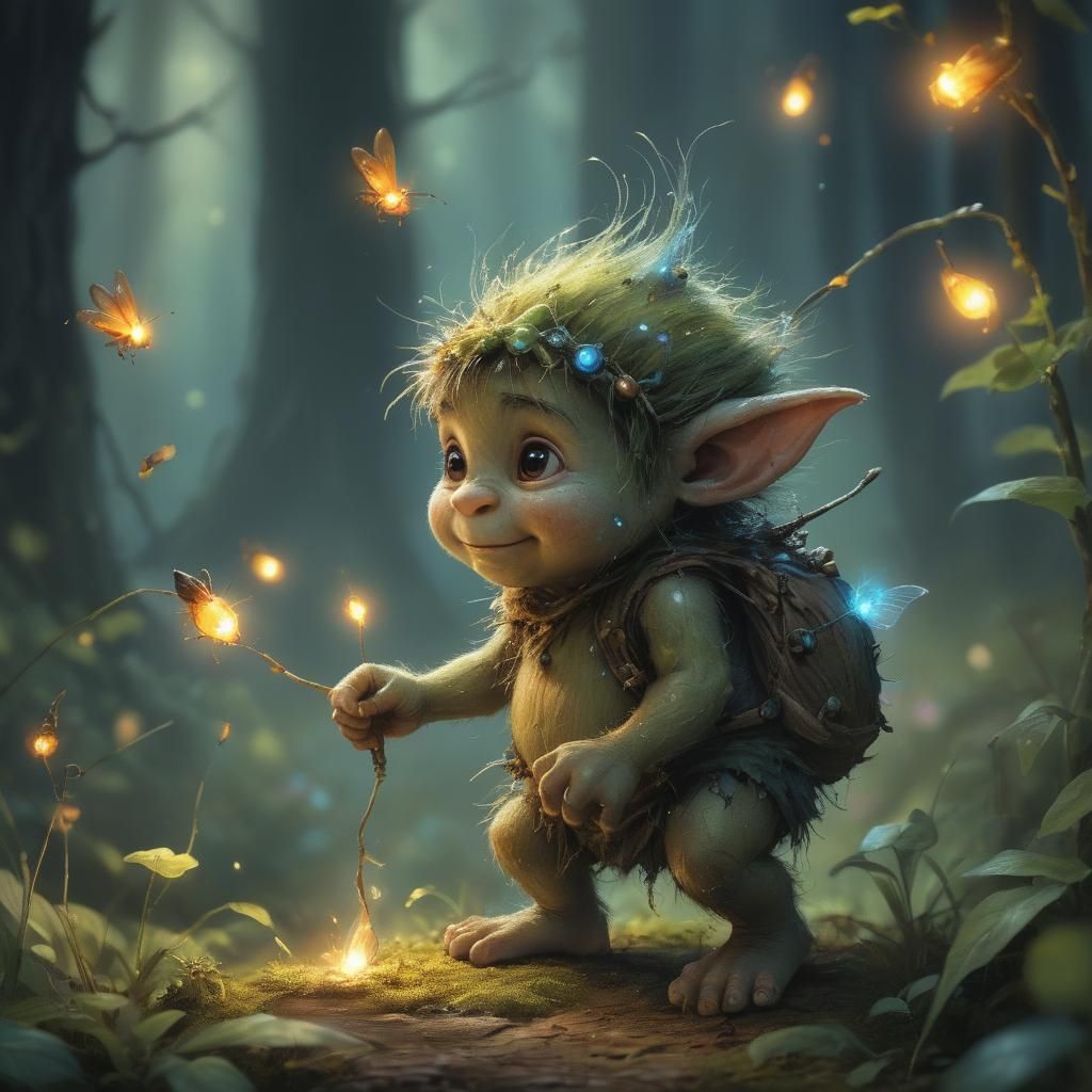 Enchanted Baby Troll Chasing Fireflies Illustration