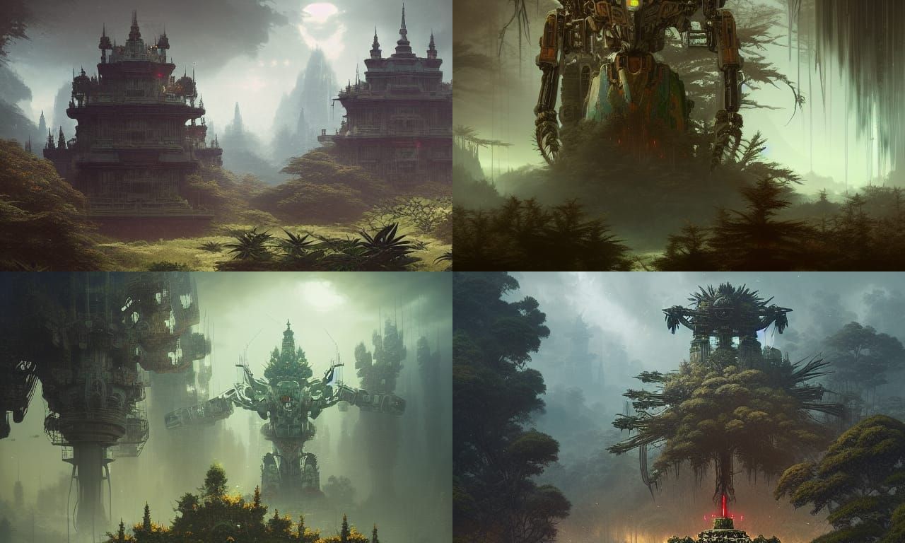Overgrown Mecha Temple in Utopian Biome, Digital Art