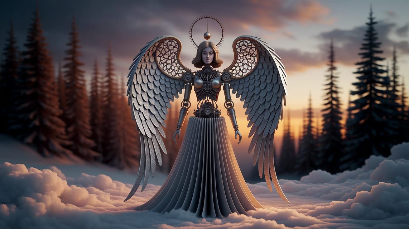 Clockwork Angel with Gleaming Gears in Twilight