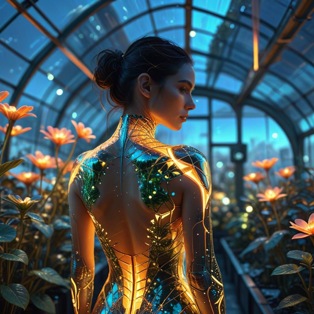 Futuristic Woman Tends Bioluminescent Plants in Neon Greenho...
