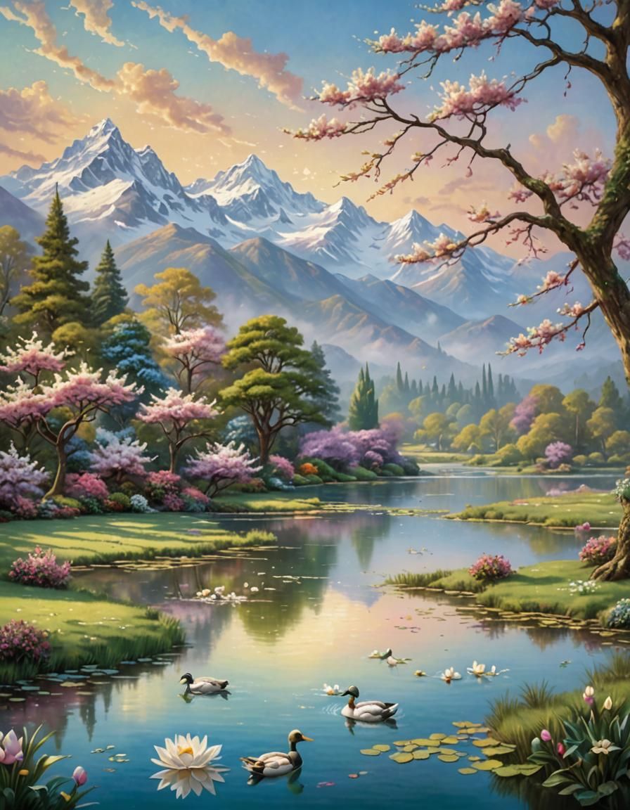 Magnolia Branch Over Serene Pond in Dreamy Landscape