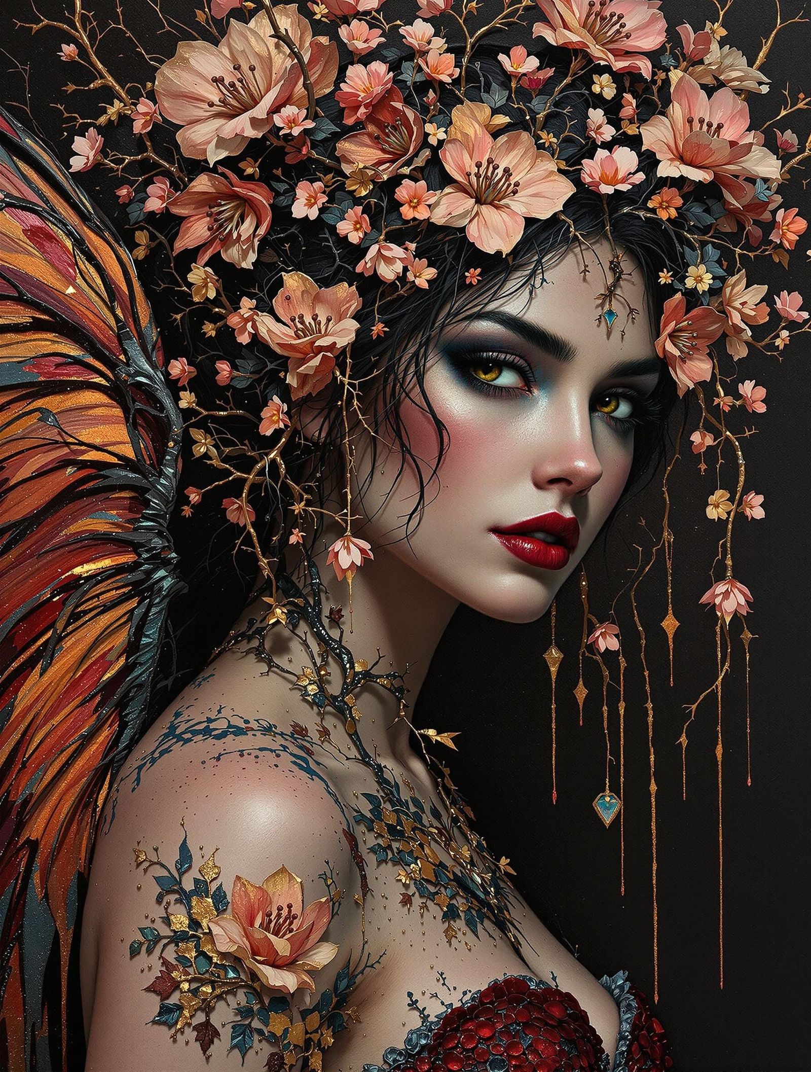 Blood-Petal Nymph with Impasto Texture and Metallic Pigments