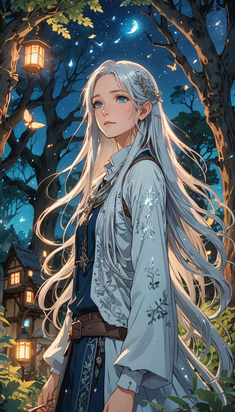 Silver-Haired Woman in Enchanted Forest, Manga Anime
