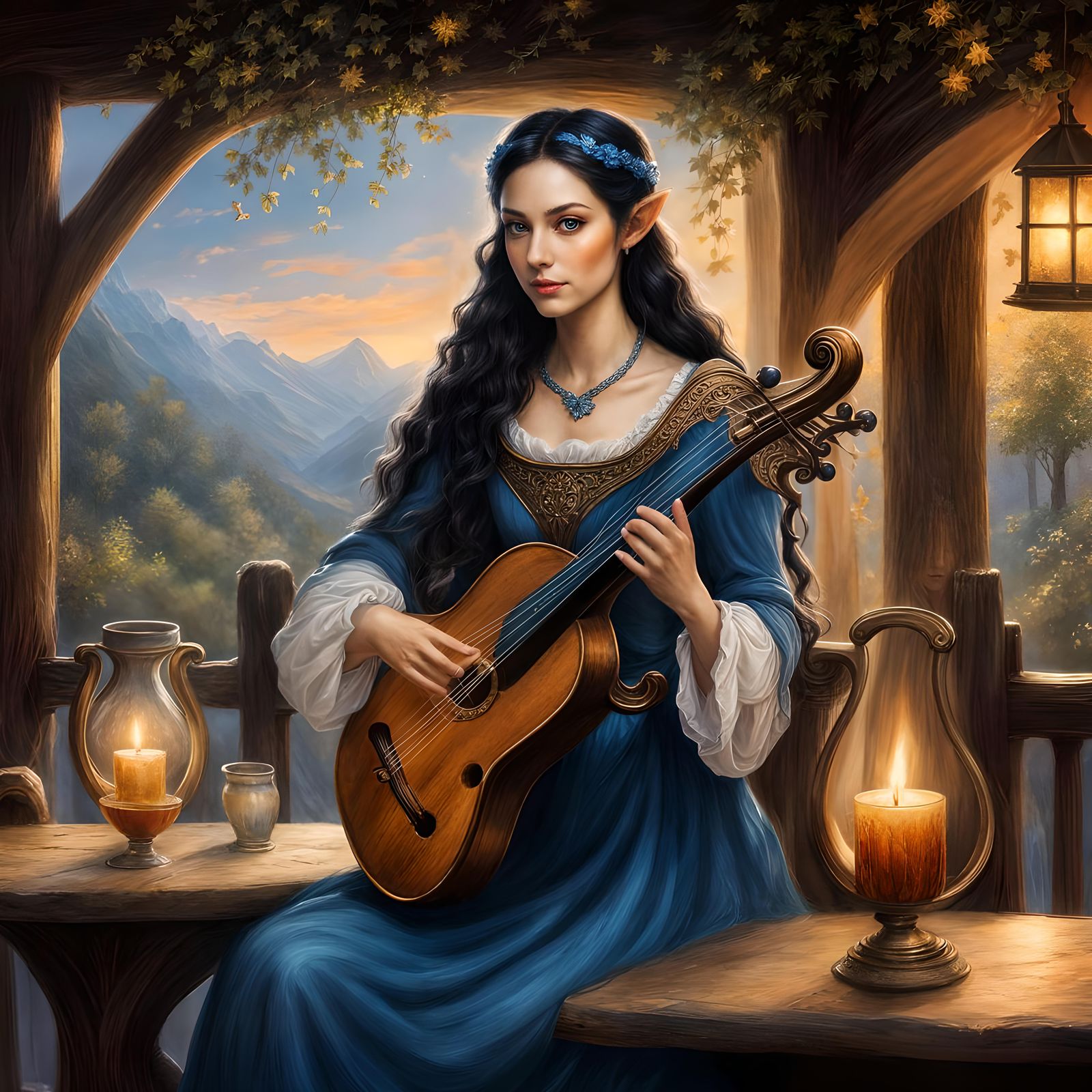 Beautiful Elf Harpist in Tavern with Silver Music Notes