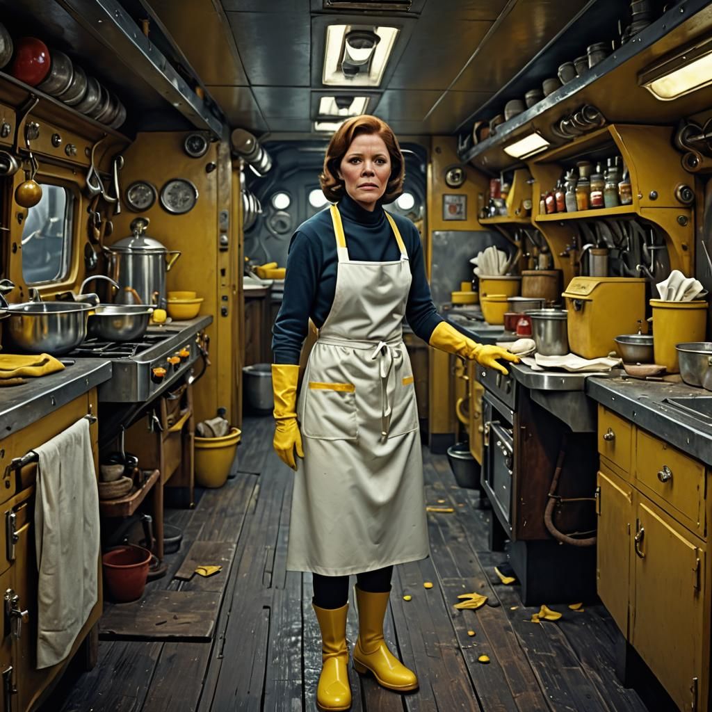Hyperrealistic Galley Portrait with Cleaning Lady