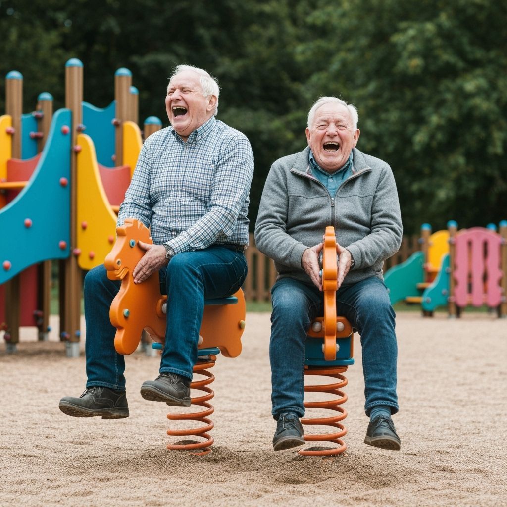 Elderly Men Laughing on Playground Spring Horses
