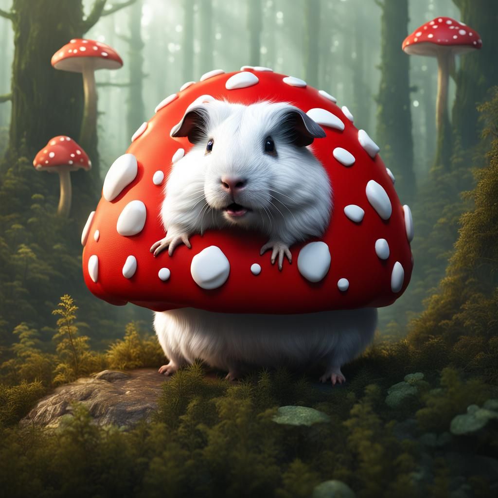 Red Mushroom and White Guinea Pig Fantasy Art