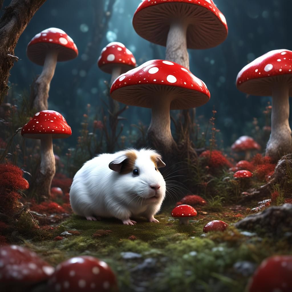 Red Mushroom and White Guinea Pig Fantasy Art