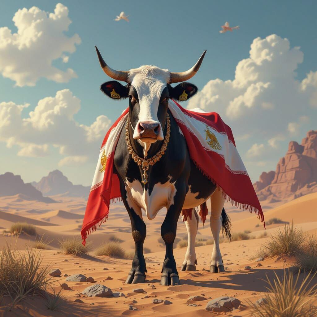 Majestic Cow Adorned with Egyptian Flag in Desert Landscape