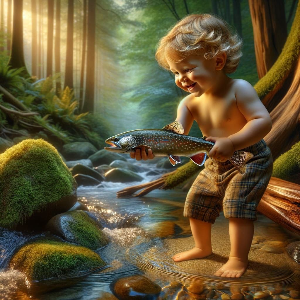 Toddler Joyfully Catches Fish in Forest Creek