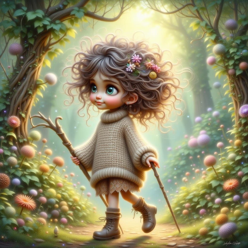 Whimsical Girl in Vibrant Forest Storybook Style